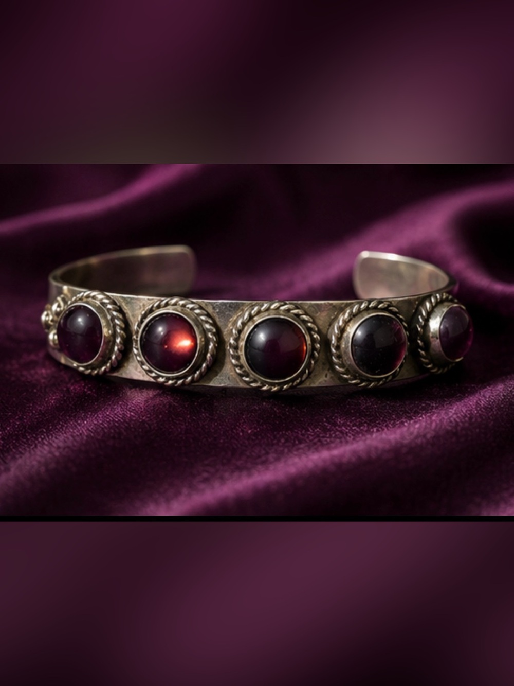 Handcrafted Silver Cuff Bracelet with Deep Purple Cabochons